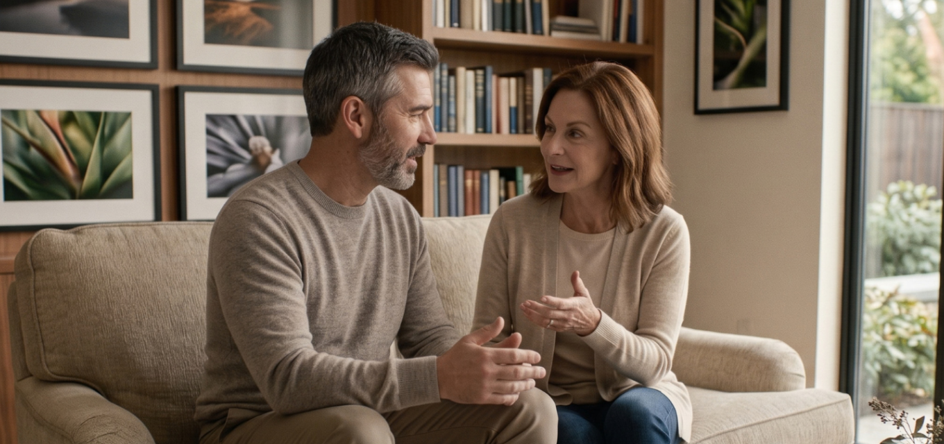 A couple talking together about their family’s financial plans.